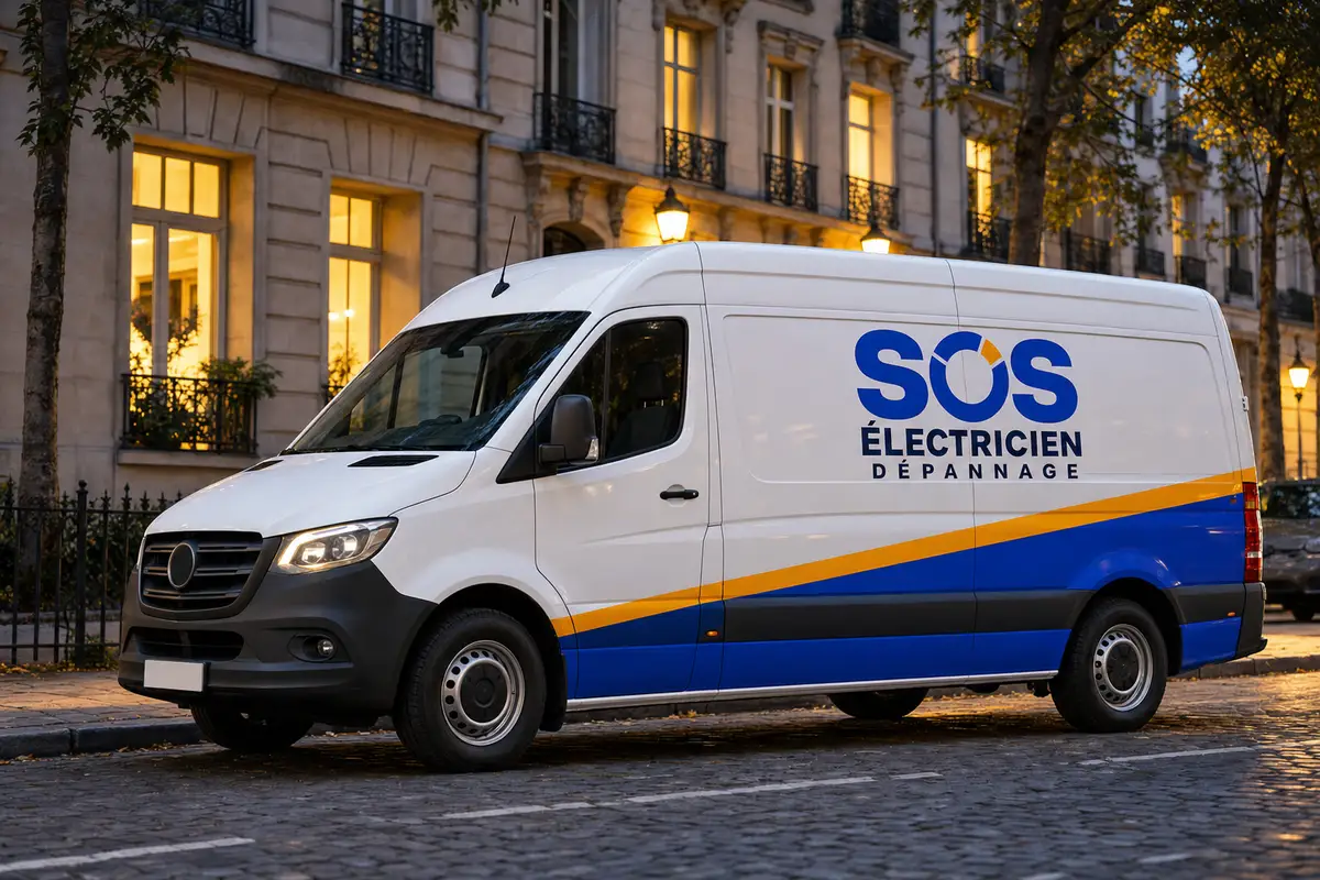 Utilitaire SOS Électricien Dépannage garé de nuit devant un immeuble, prêt pour une urgence